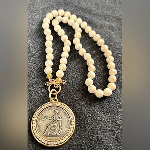 Heavy Howlite Bead Necklace 19” Repurposed Norwegian GF w/ CZ Medal Statement